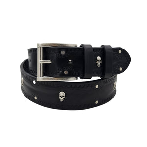 Black Skull - Cintura in cuoio nero con borchie a teschio e tonde e fibbia in ottone