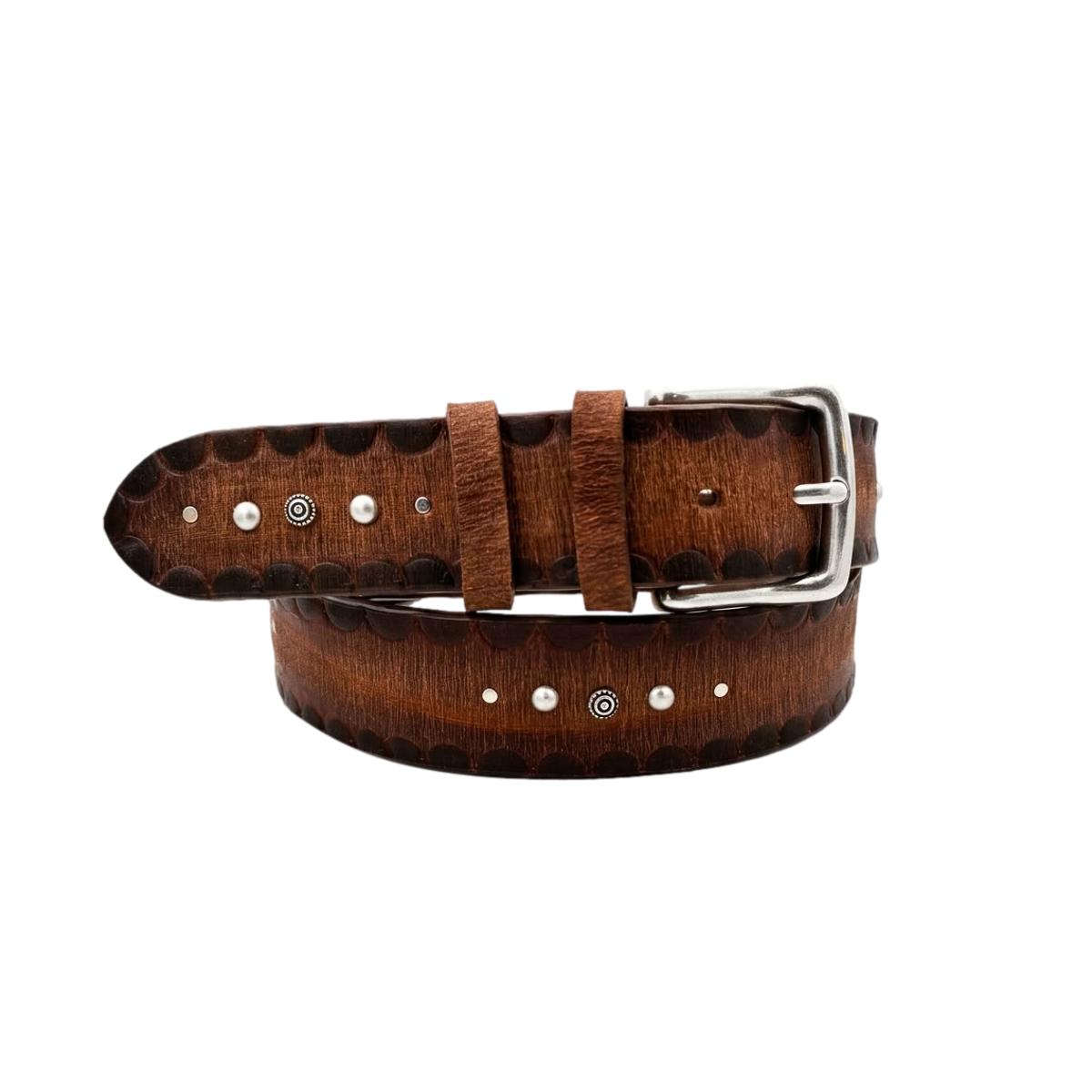 Bohémien Rustic - Cintura 4 cm in cuoio Cognac smerigliato,bordi a contrasto e borchie metalliche