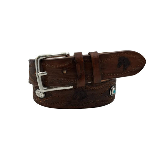 Caramel Horses - Cintura 4 cm Caramello con fibbia in ottone, borchie e ricami di cavalli - ESPERANTOBELTS