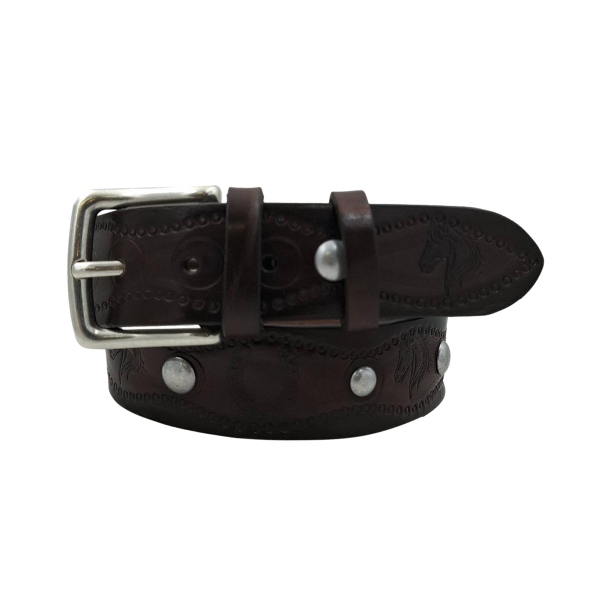 Horses & Hooves - Cintura in cuoio 4 cm con borchie metalliche e fantasie di cavalli e ferri di cavallo - ESPERANTOBELTS
