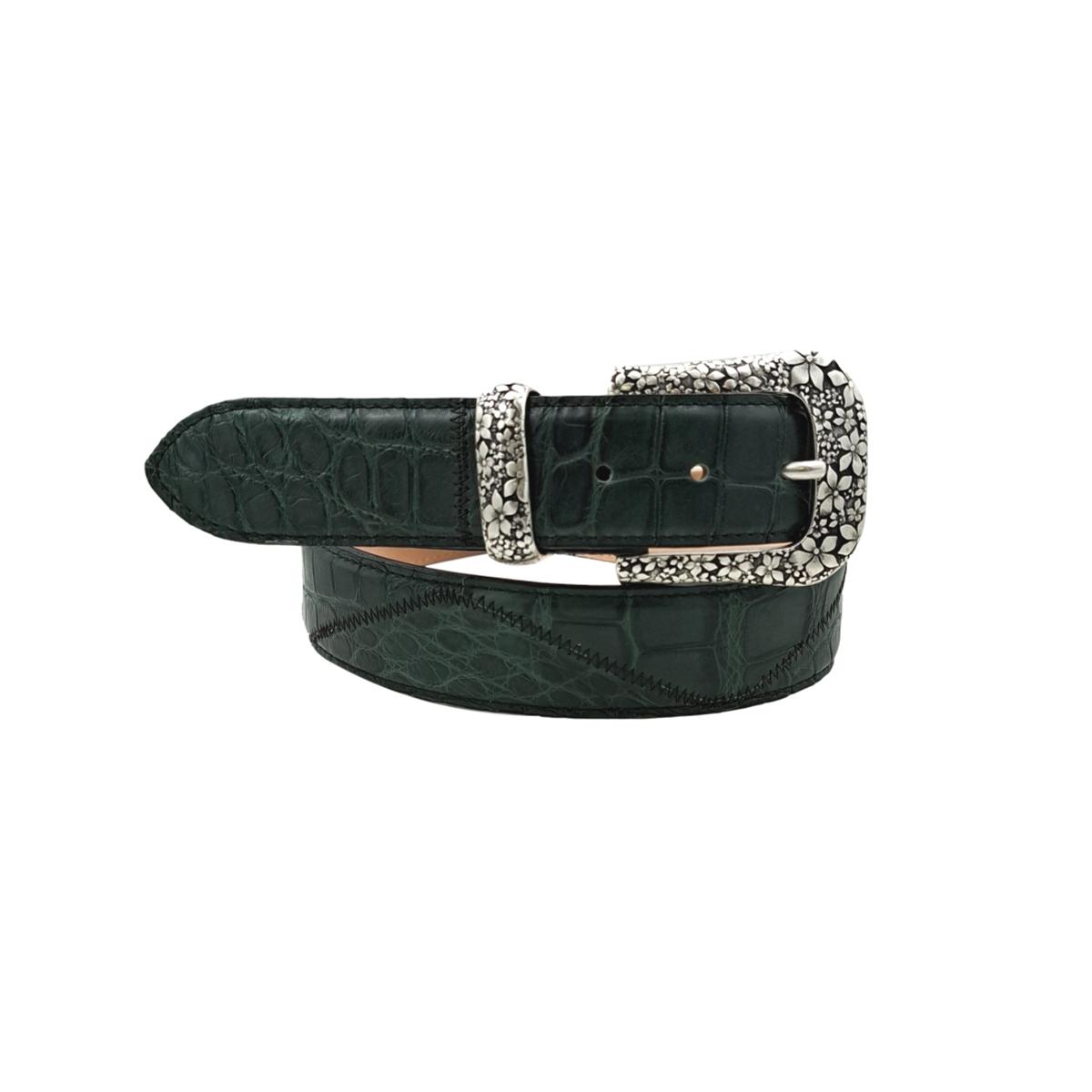 Jungle Patch - Cintura 4 cm in coccodrilllo Patchwork con fibbia e passante metallici a fantasia floreale - ESPERANTOBELTS