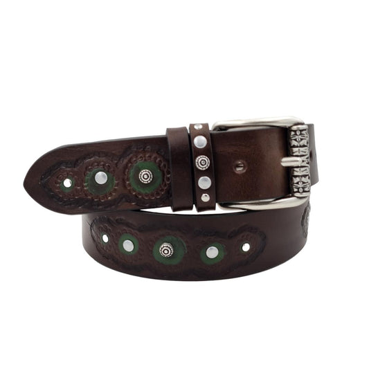 Dublino - Cintura 4 cm in vero cuoio con ricami , dettagli smeraldo e borchie