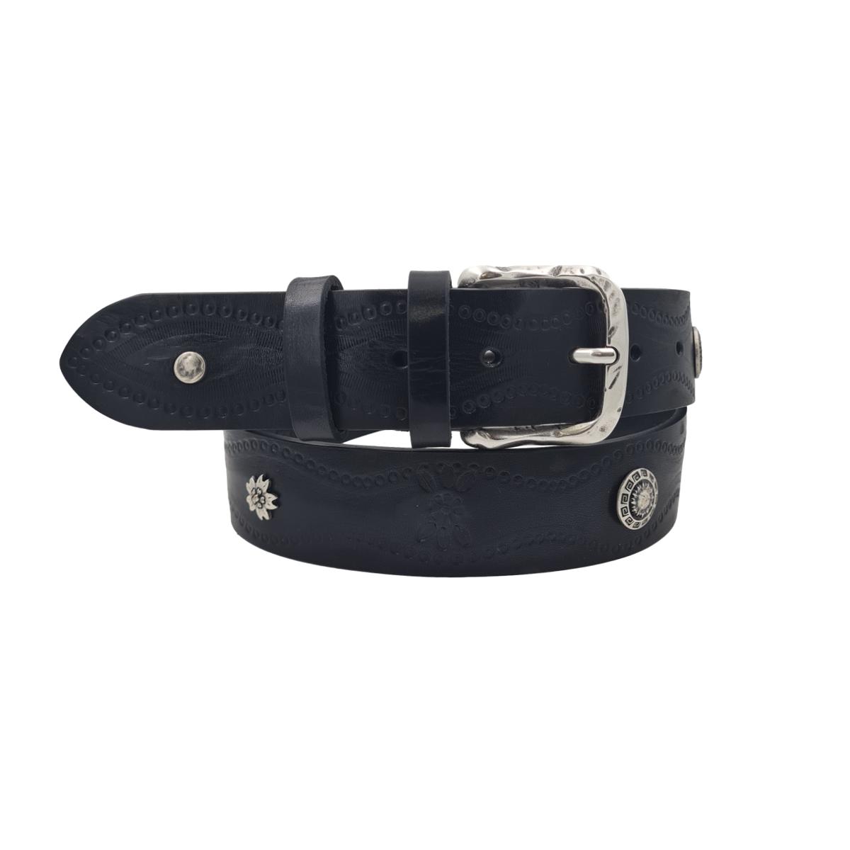 Cintura 4 cm Nera in cuoio grinzato con fibbia lavorata , borchie metalliche e fantasie disegnate a mano