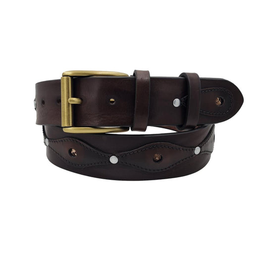 Siviglia - Cintura 4 cm in cuoio con inserti anticati, pitone, borchie e fibbia a rullo in ottone