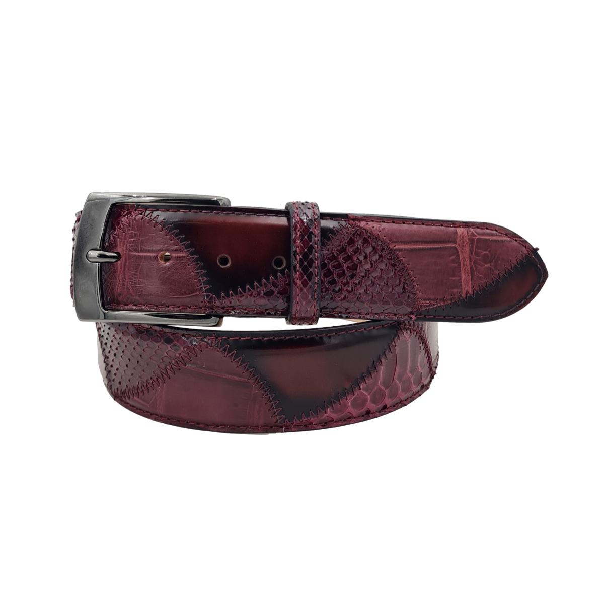 Vela Antiqued - Cintura 4 cm in Vero Pitone, Coccodrillo e cuoio anticato a mano - Porpora
