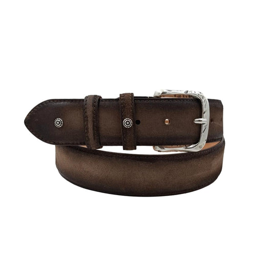 🔥  NOVITA' 🔥 Sahara - Cintura 4 cm in camoscio marrone anticato con fibbia lavorata e borchie  su puntale e passante - ESPERANTOBELTS
