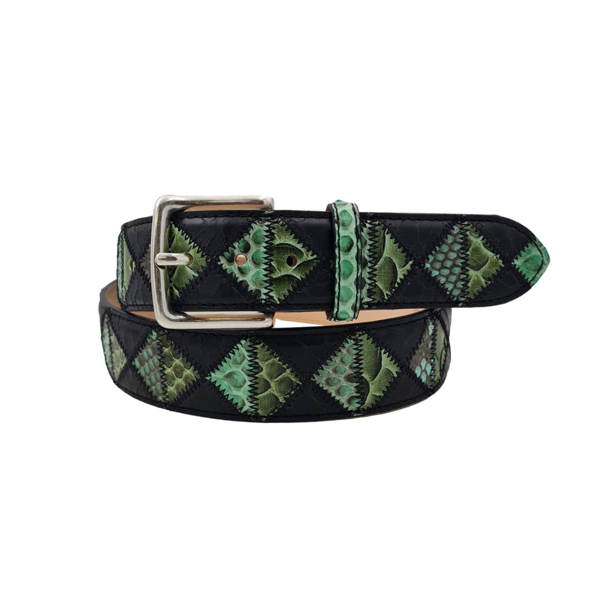 Green Pyramid - Cintura 4 cm Patchwork a Triangoli Verdi in Pitone con Fibbia in Ottone