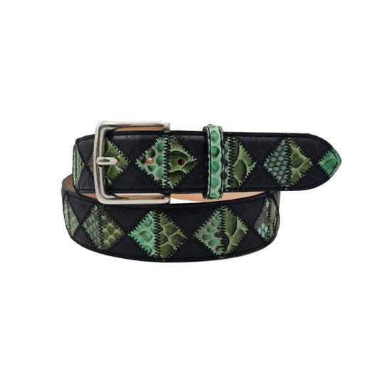 Green Pyramid - Cintura 4 cm Patchwork a Triangoli Verdi in Pitone con Fibbia in Ottone
