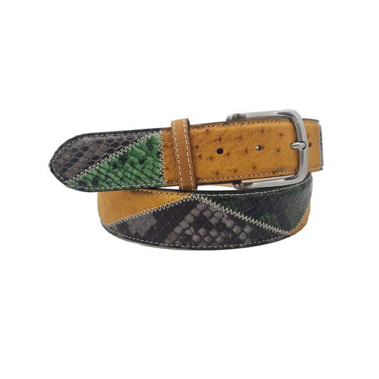 Cintura 4 cm Patchwork con fantasia a piramidi con vero pitone e struzzo