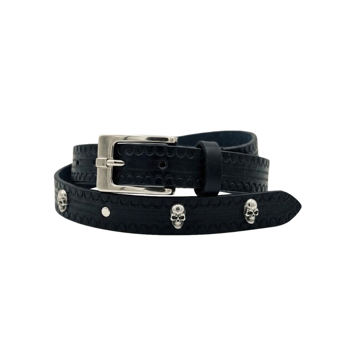 Black Skull Light - Cintura Nera 2,5 cm in cuoio di toro con borchie a teschio e fibbia a blocco