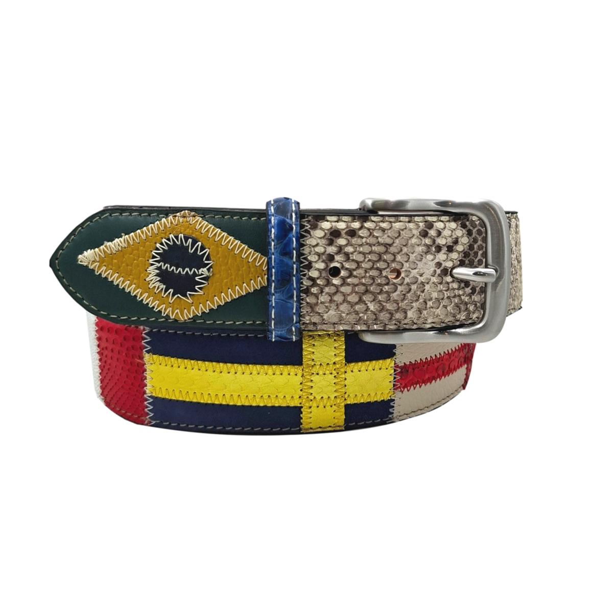 Cintura 4 cm multicolore In Pitone e struzzo con fantasia di bandiere del mondo , fibbia anallergica