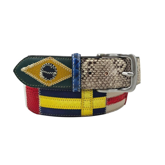 Cintura 4 cm multicolore In Pitone e struzzo con fantasia di bandiere del mondo , fibbia anallergica