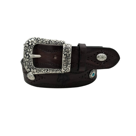 Pegaso - Cintura in cuoio 4 cm con borchie ,fantasie di cavalli , passante e fibbia metallici - ESPERANTOBELTS