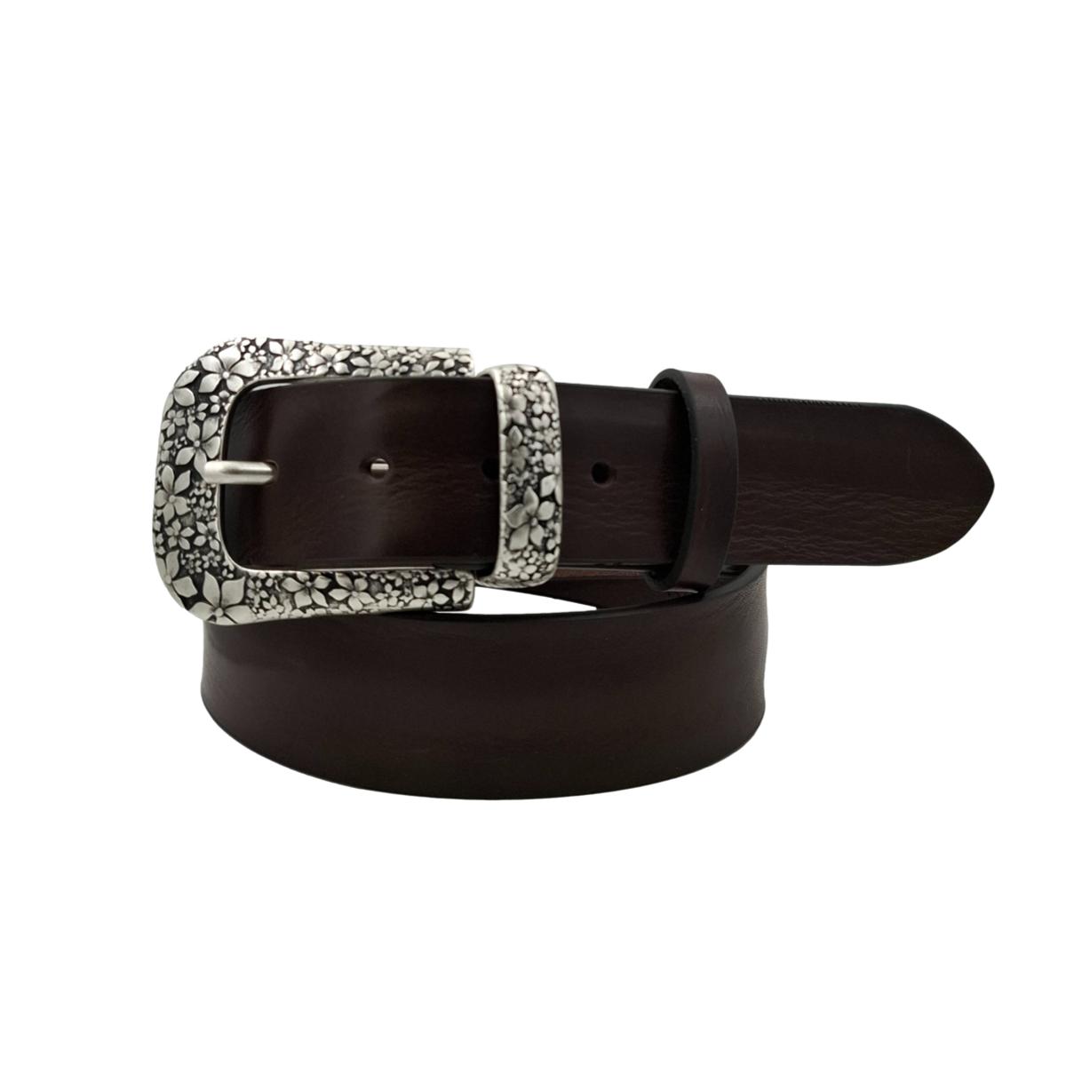 Ninfea - Cintura color Moroin cuoio di toro  con fibbia e passante metallici con fantasie floreali (TAGLIE XXL) - ESPERANTOBELTS