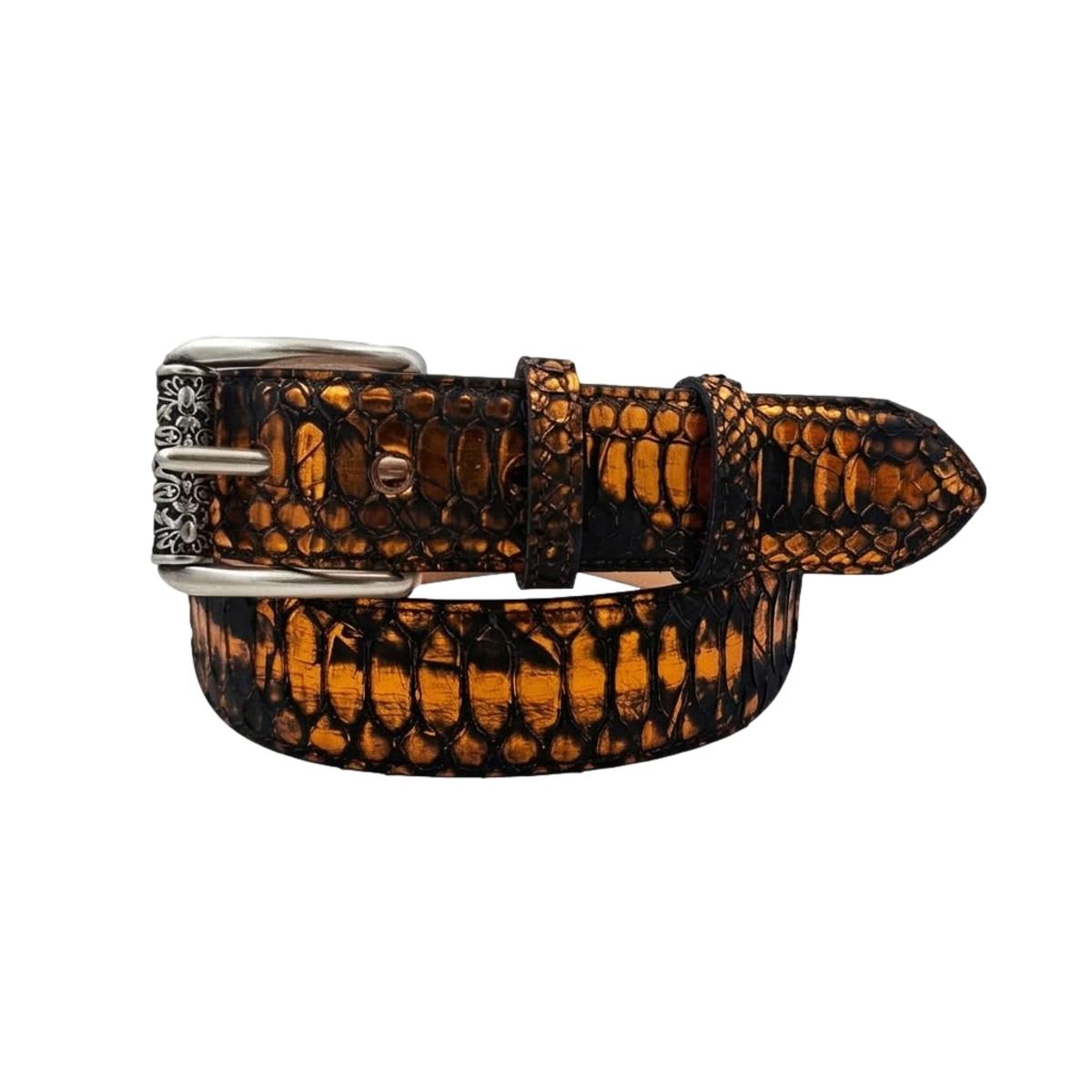 Orange Back Cut - Cintura 4 cm in pitone con taglio Back Cut arancio metallizzato con fibbia a rullo ricamato