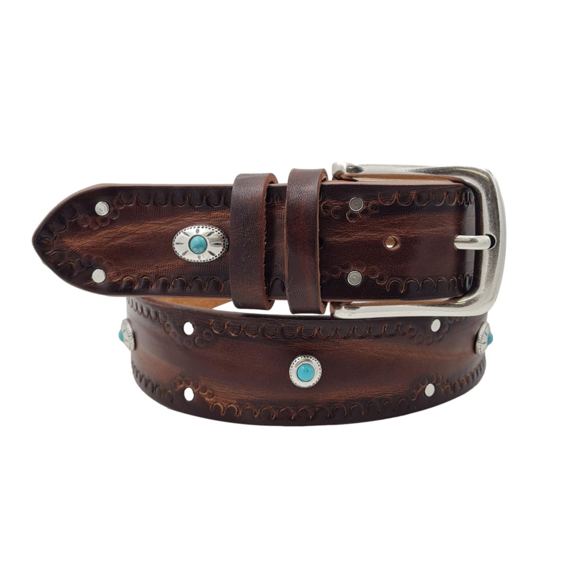 Santorini - Cintura 4 cm in cuoio ricamato con borchie celesti e fibbia in ottone - ESPERANTOBELTS