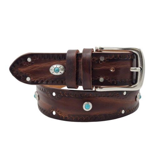 Santorini - Cintura 4 cm in cuoio ricamato con borchie celesti e fibbia in ottone - ESPERANTOBELTS