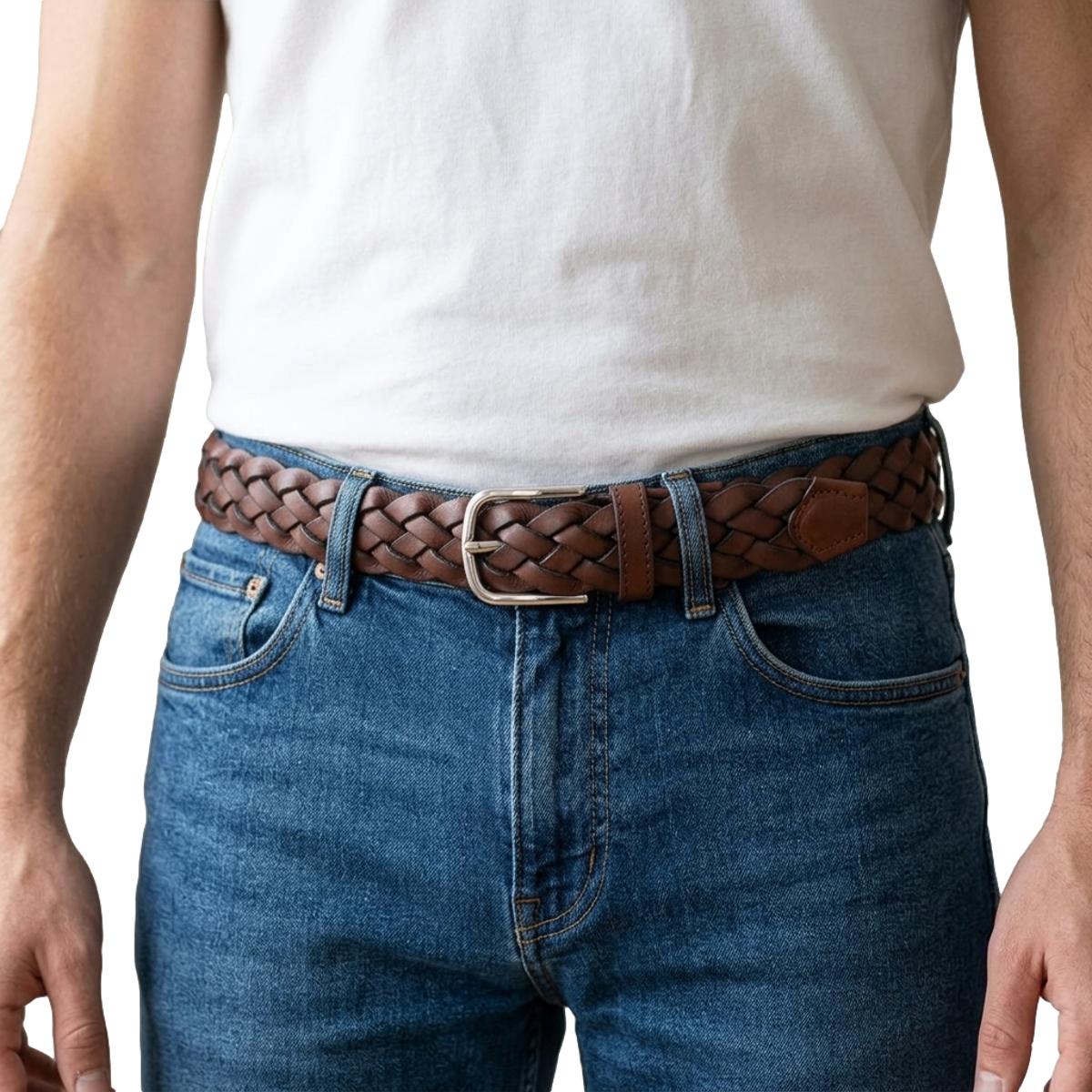 Cintura XXL 3,5 cm intrecciata in vera pelle con fibbia anallergica  - Marrone