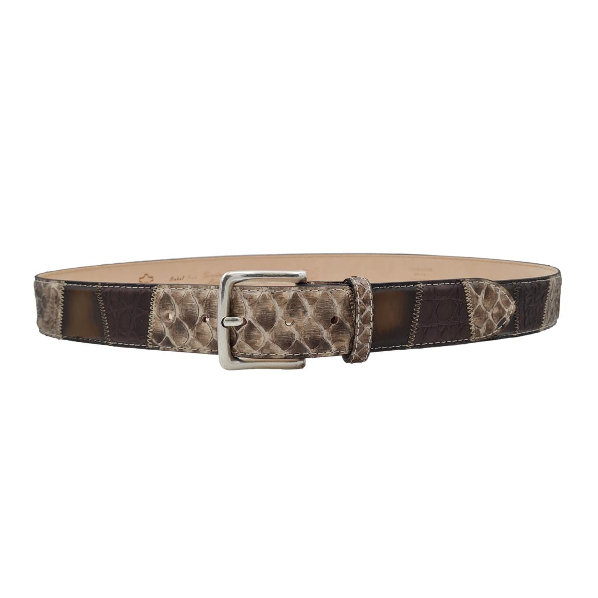 Cintura 4 cm in coccodrillo , Pitone lucido e cuoio anticato con fibbia in ottone Nichel free