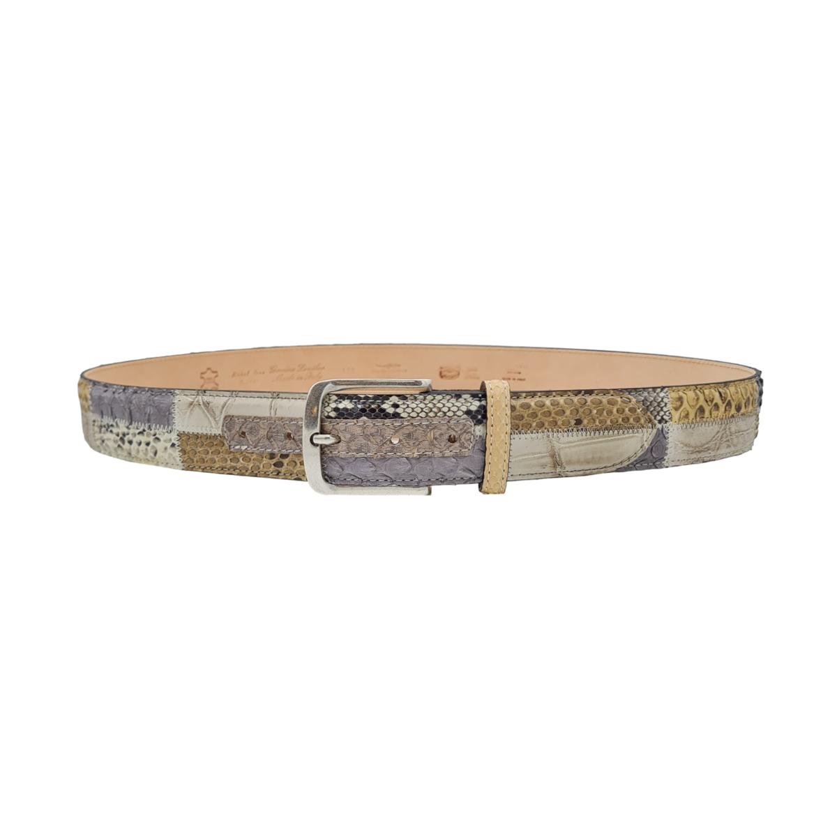 Cintura Beige Patchwork 4 cm in vero pitone e vero coccodrillo con fibbia Nichel free