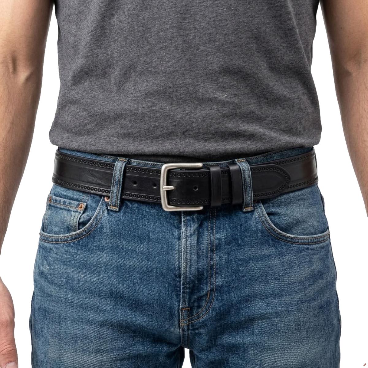 Cintura 4 cm in vero cuoio Nero ricamato e fibbia in vero ottone cucita a mano