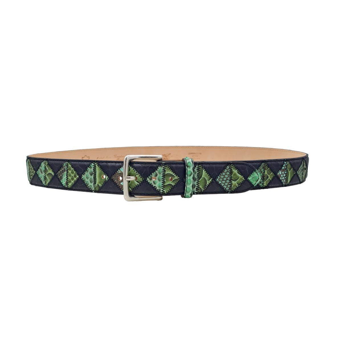 Green Pyramid - Cintura 4 cm Patchwork a Triangoli Verdi in Pitone con Fibbia in Ottone