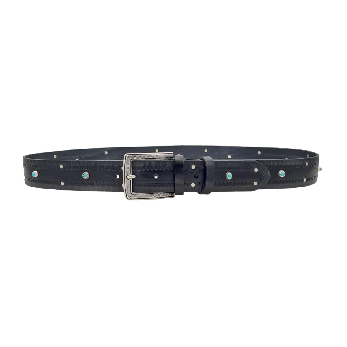 Marseille - Cintura 4 cm in cuoio Nero lavorato con fibbia effetto Saffiano e borchie celesti