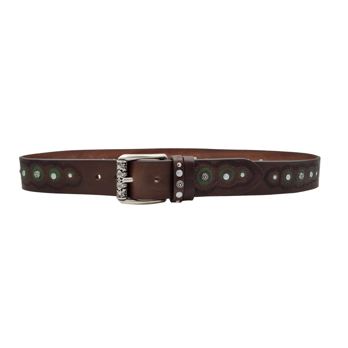 Dublino - Cintura 4 cm in vero cuoio con ricami , dettagli smeraldo e borchie