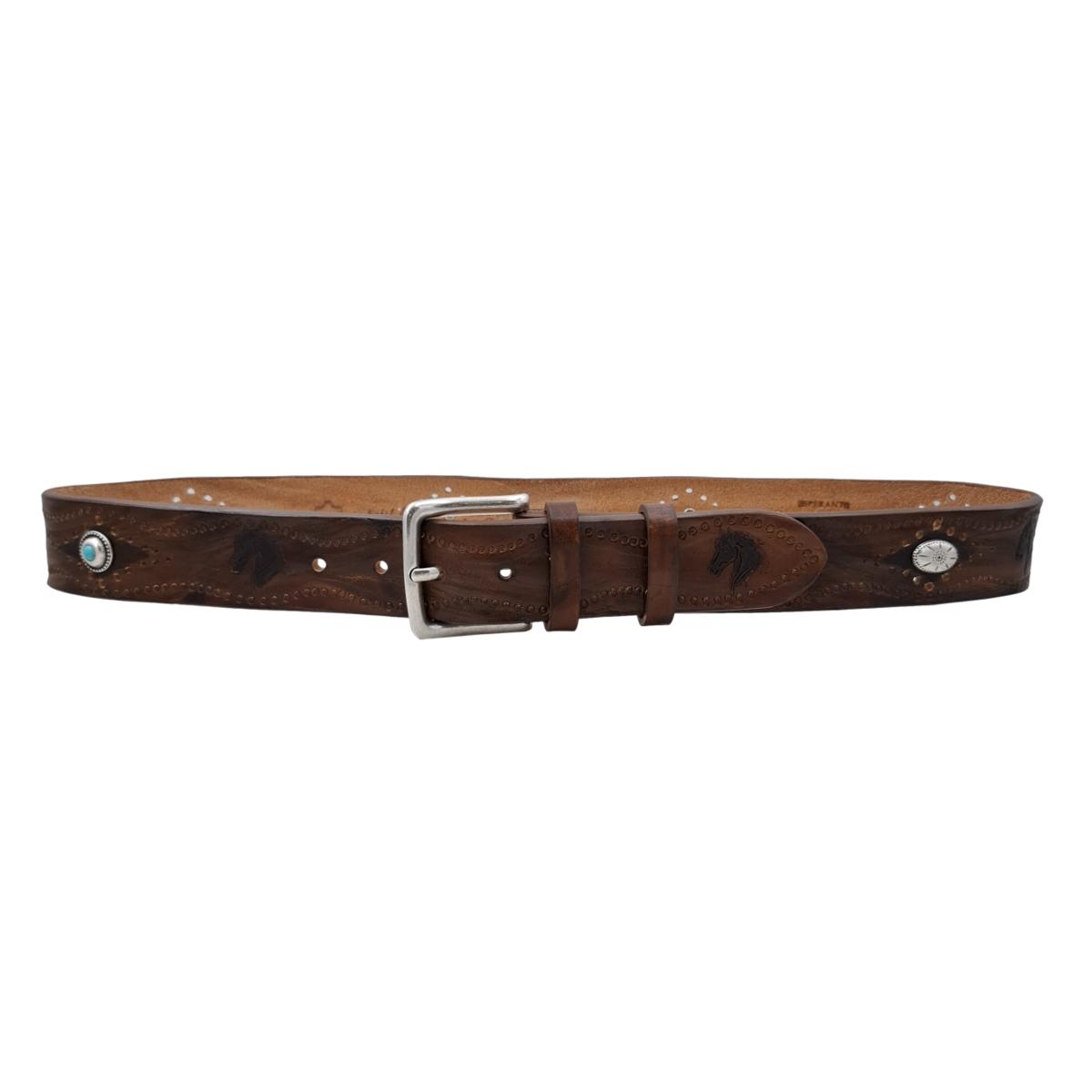 Caramel Horses - Cintura 4 cm Caramello con fibbia in ottone, borchie e ricami di cavalli - ESPERANTOBELTS