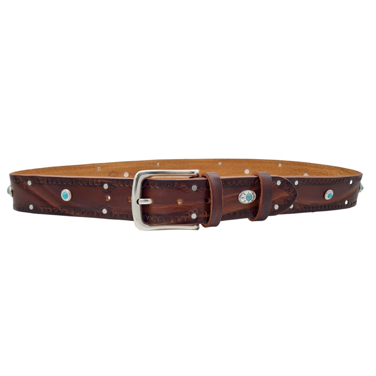 Santorini - Cintura 4 cm in cuoio ricamato con borchie celesti e fibbia in ottone - ESPERANTOBELTS