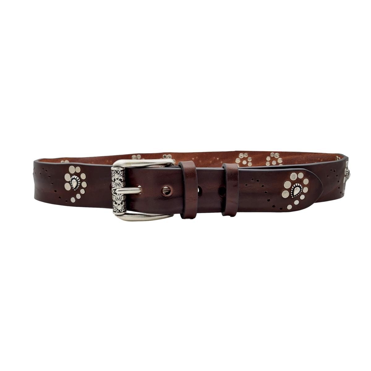 Cintura 4 cm in vero cuoio borchiato a spirali con fibbia lavorata a rullo - Moro - ESPERANTOBELTS