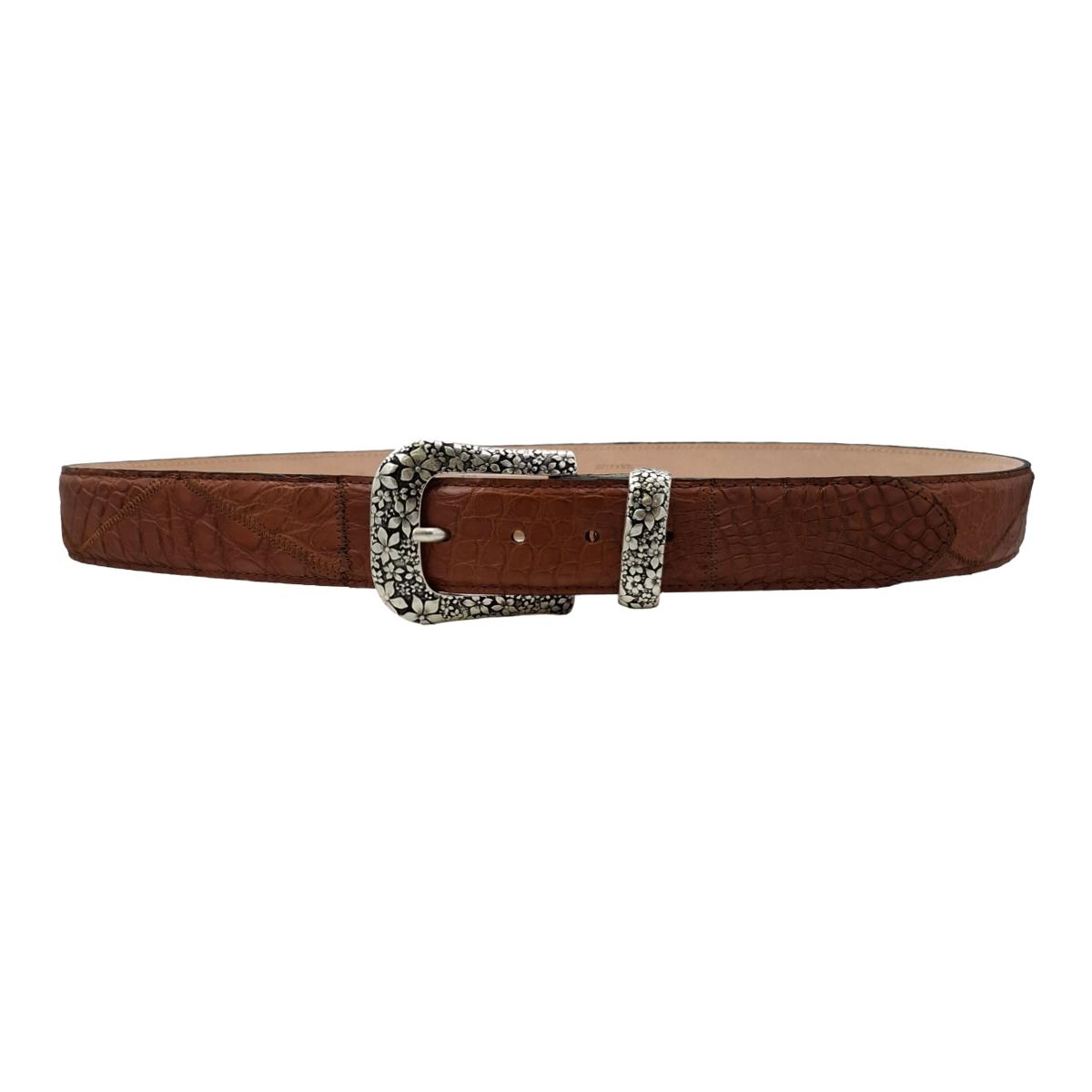 Jungle Patch - Cintura 4 cm in coccodrilllo Patchwork con fibbia e passante metallici a fantasia floreale - ESPERANTOBELTS