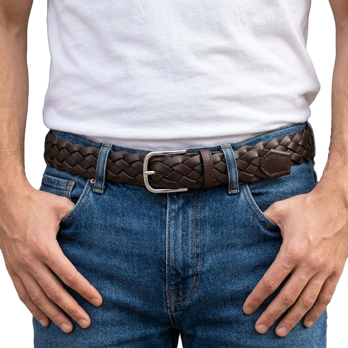 Cintura 3,5 cm Intrecciata in Vera Pelle — Fibbia Anallergica, Moro