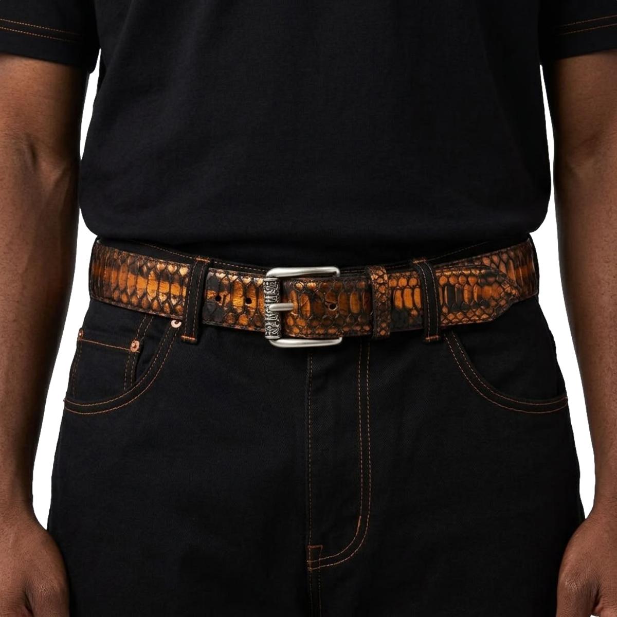 Orange Back Cut - Cintura 4 cm in pitone con taglio Back Cut arancio metallizzato con fibbia a rullo ricamato