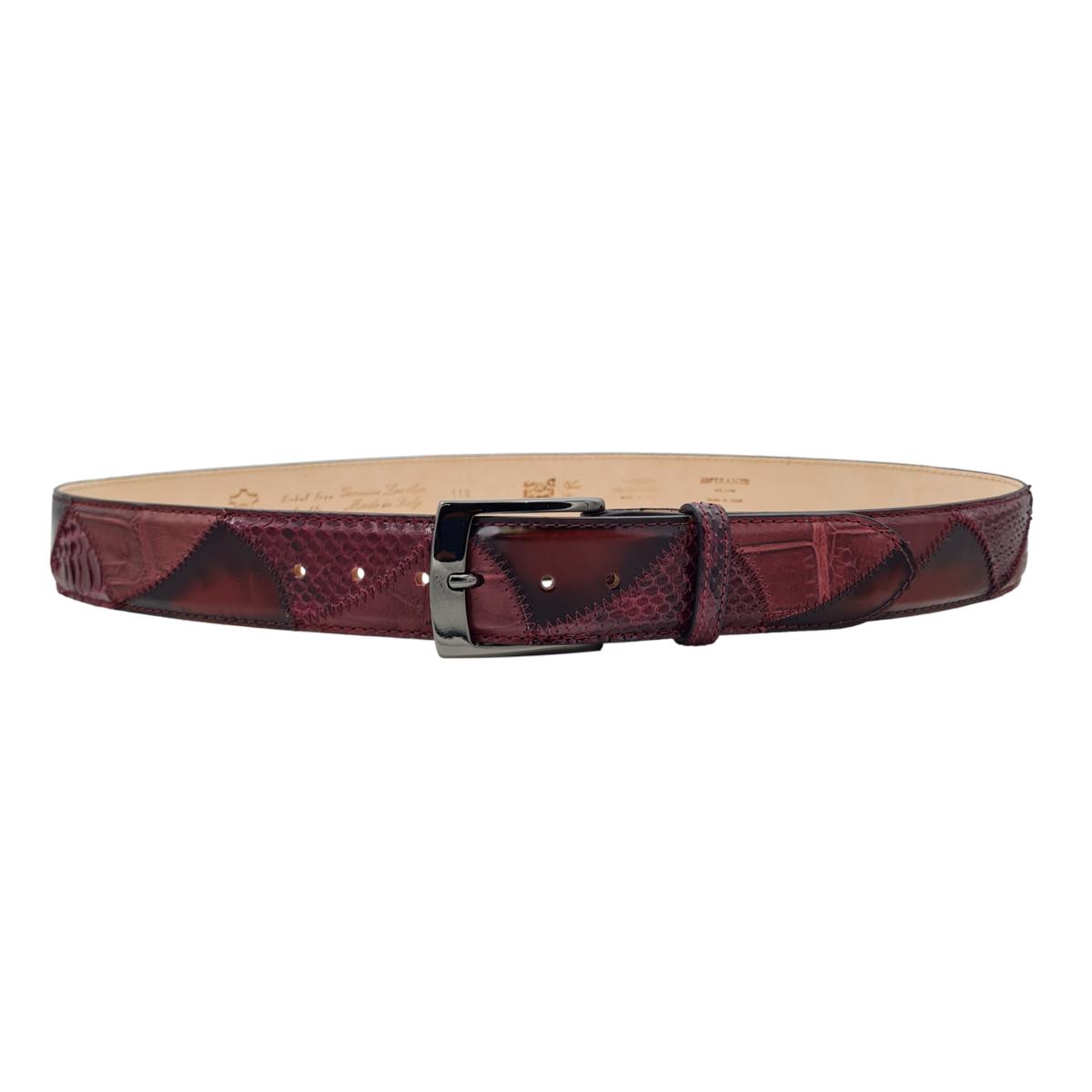 Vela Antiqued - Cintura 4 cm in Vero Pitone, Coccodrillo e cuoio anticato a mano - Porpora