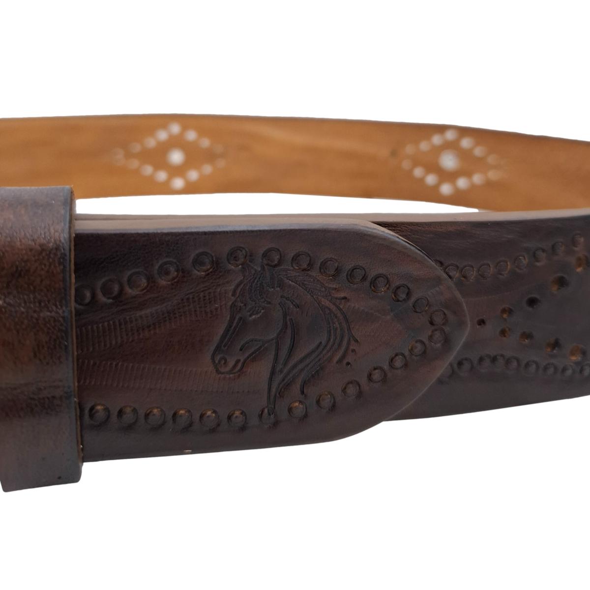 Pegaso - Cintura in cuoio 4 cm con borchie ,fantasie di cavalli , passante e fibbia metallici - ESPERANTOBELTS