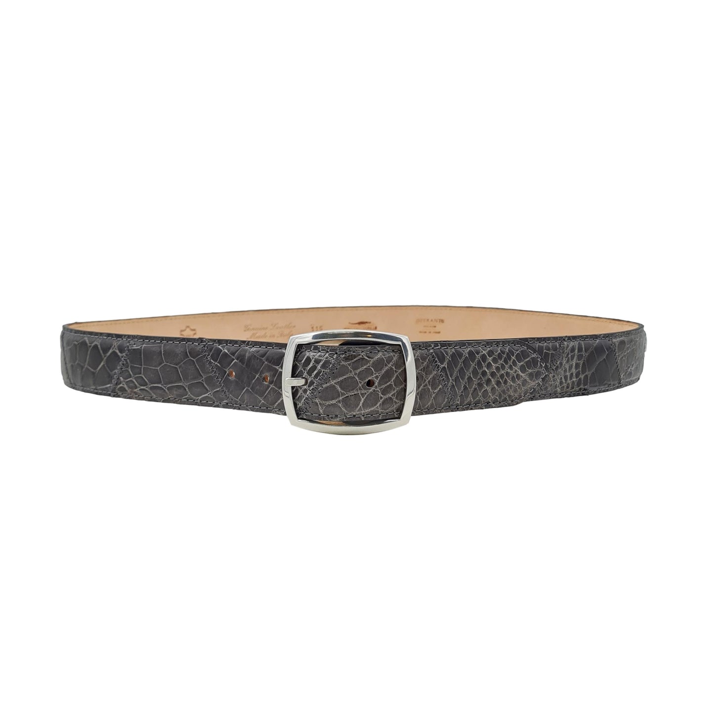 Cintura 3,5 cm Patchwork in coccodrillo Grigio con fibbia intera argentata