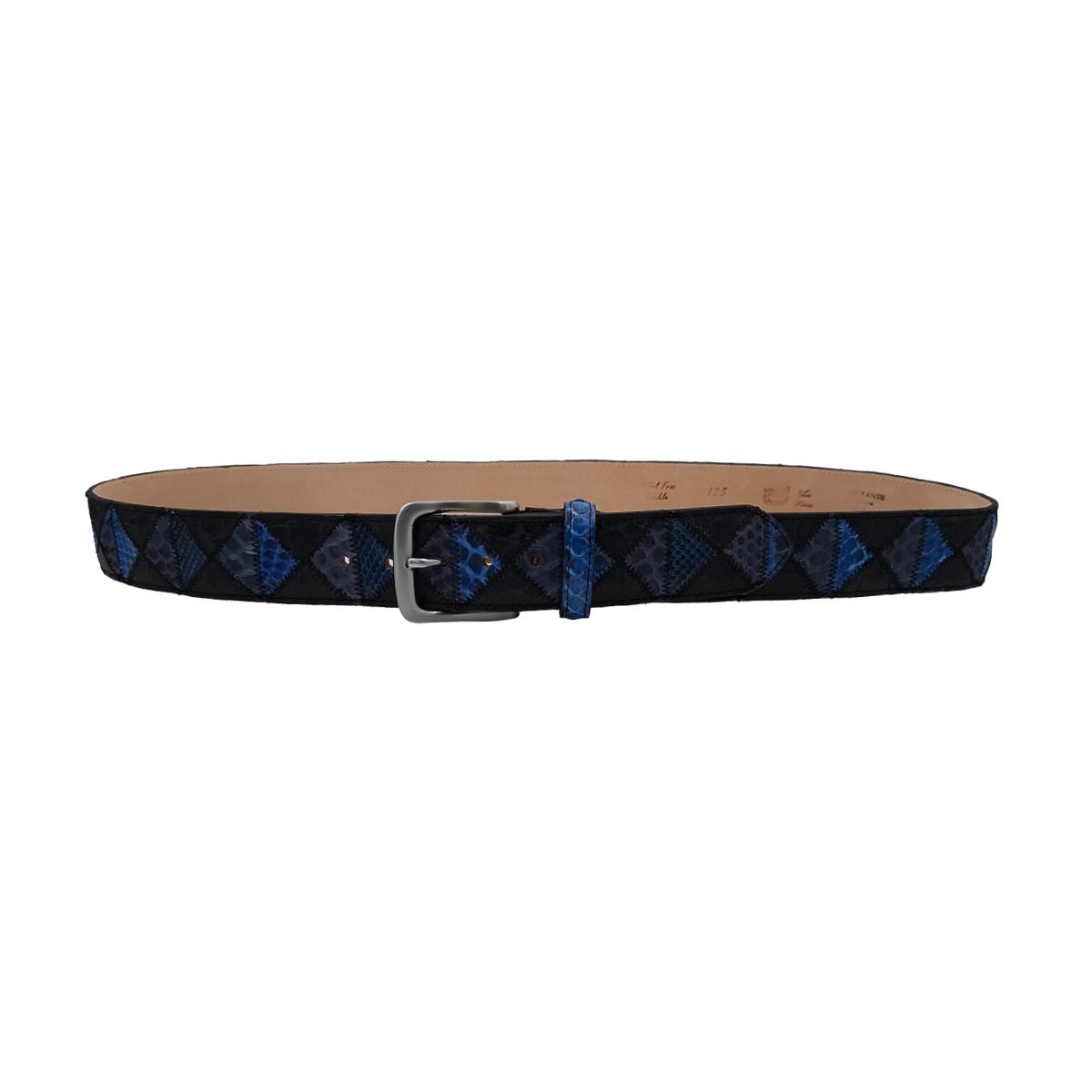 Blue Pyramid - Cintura 4 cm Patchwork a Triangoli Blu in Pitone con Fibbia in Ottone