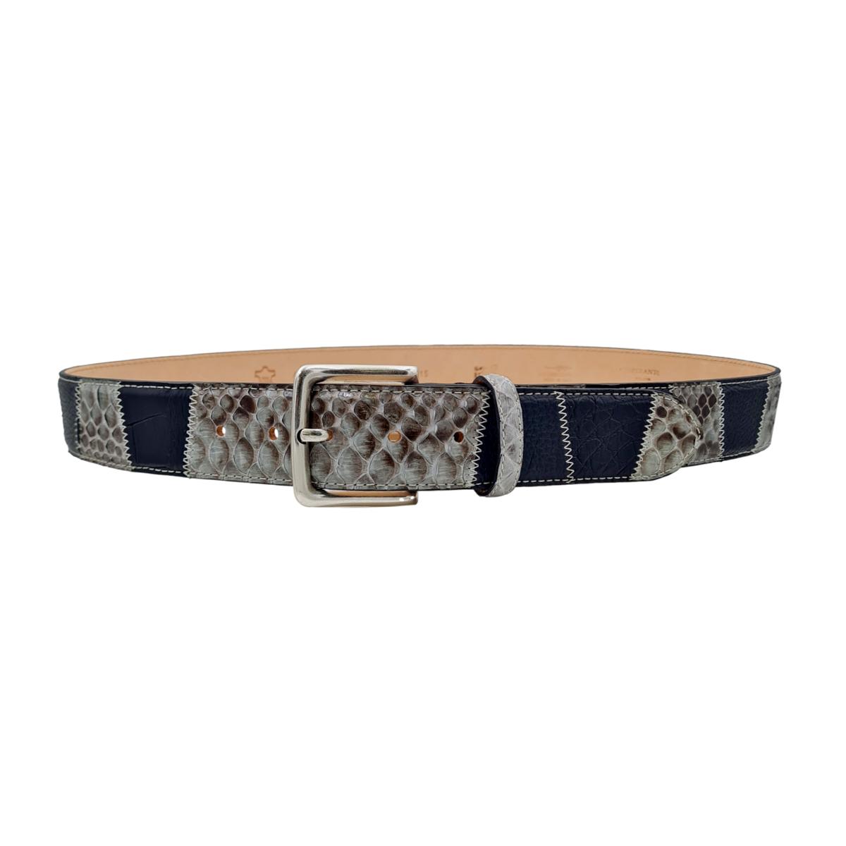 Nairobi - Cintura 4 cm con fibbia in ottone in pitone grigio lucido, Coccodrillo nero e vitello martellato