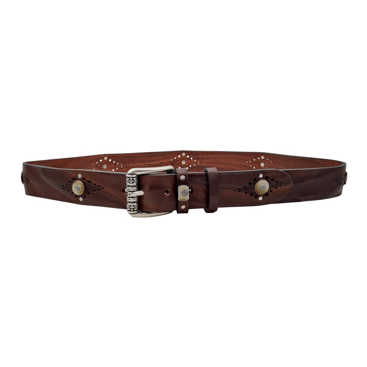 Cintura 4 cm in vero cuoio di toro con vitello anticato , borchie ,fori e fibbia a rullo lavorata - ESPERANTOBELTS