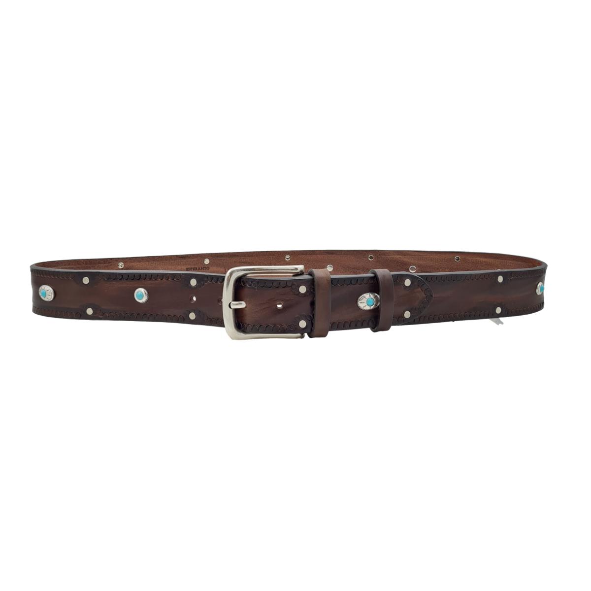 Santorini - Cintura 4 cm in cuoio ricamato con borchie celesti e fibbia in ottone - ESPERANTOBELTS
