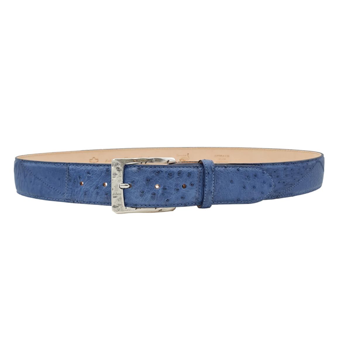 Cintura 4 cm Avio con Patchwork Piramidale in vera pelle di struzzo con fibbia lavorata - ESPERANTOBELTS