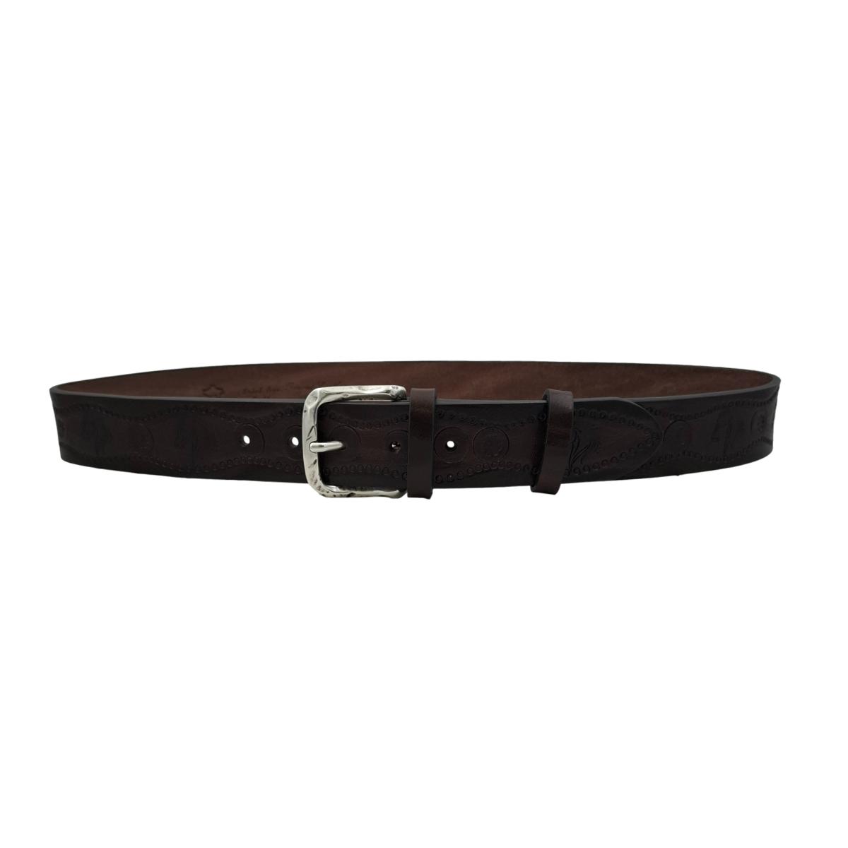 Andalusia - Cintura 4 cm colore Moro in cuoio di toro con fantasie di cavalli e fibbia lavorata - ESPERANTOBELTS