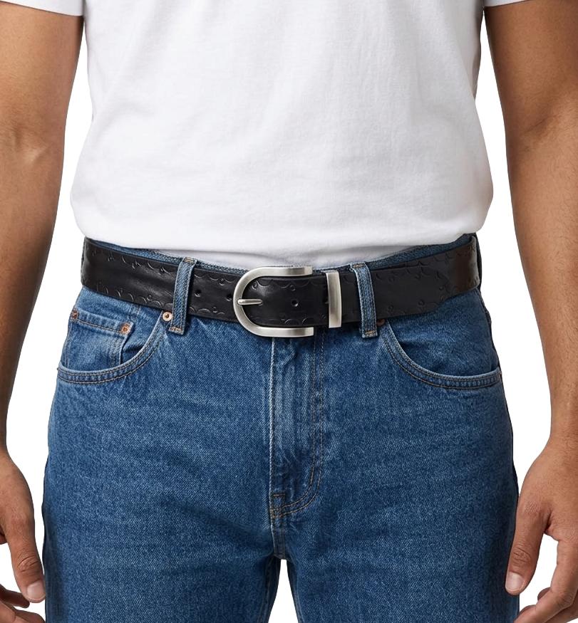 Cintura 3,5 cm in cuoio Nero con  fibbia e Passante metallico con fantasie tribali