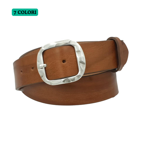 Cintura in vero cuoio di toro Plissettato 4 cm con fibbia intera Argento Antico