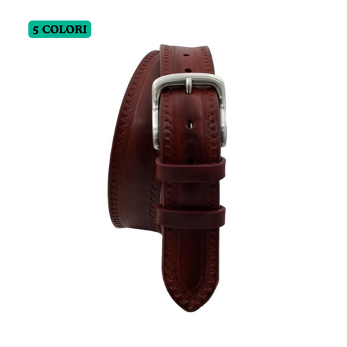 Texas - Cintura 4 cm in cuoio di toro con contorni lavorati a mano e fibbia satinata