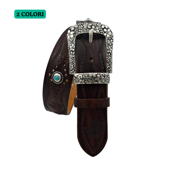 🔥 NOVITA' 🔥 Pegaso - Cintura in cuoio 4 cm con borchie ,fantasie di cavalli , passante e fibbia metallici