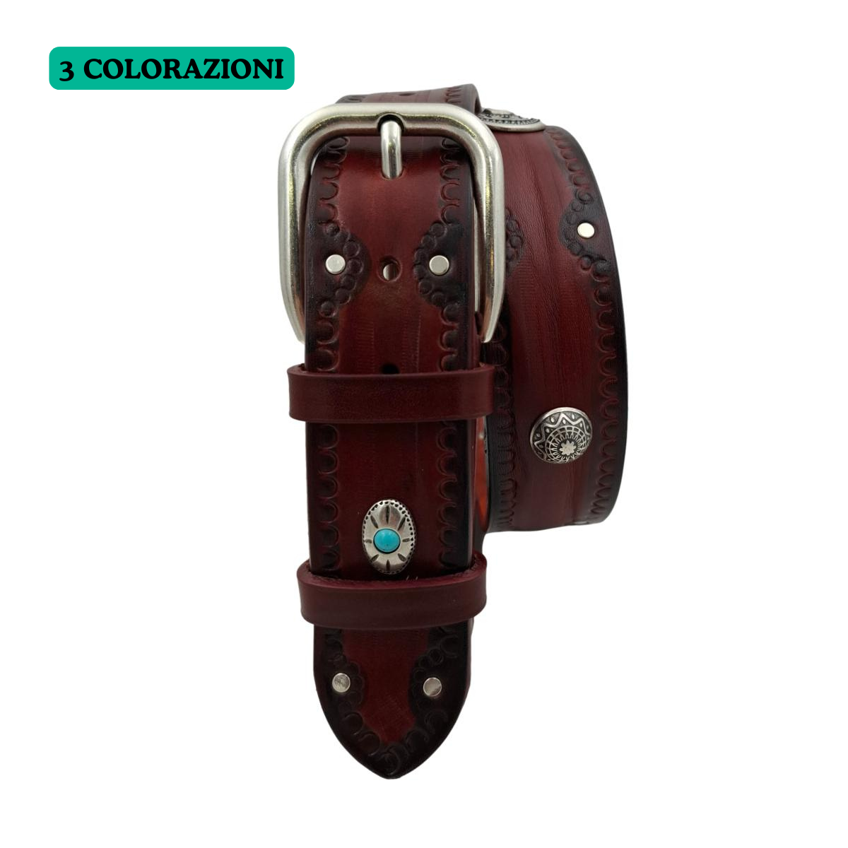 Bellagio - Cintura 4 cm in cuoio di toro con borchie argentate e pietre celesti