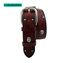 Carica l'immagine nel visualizzatore di Gallery, Bellagio - Cintura 4 cm in cuoio di toro con borchie argentate e pietre celesti