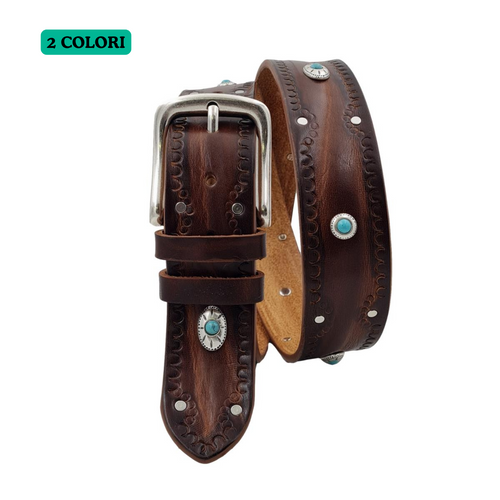 Santorini - Cintura 4 cm in cuoio ricamato con borchie celesti e fibbia in ottone